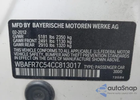 2012 BMW 535I z USA, uszkodzony, nr VIN WBAFR7C54CC813017